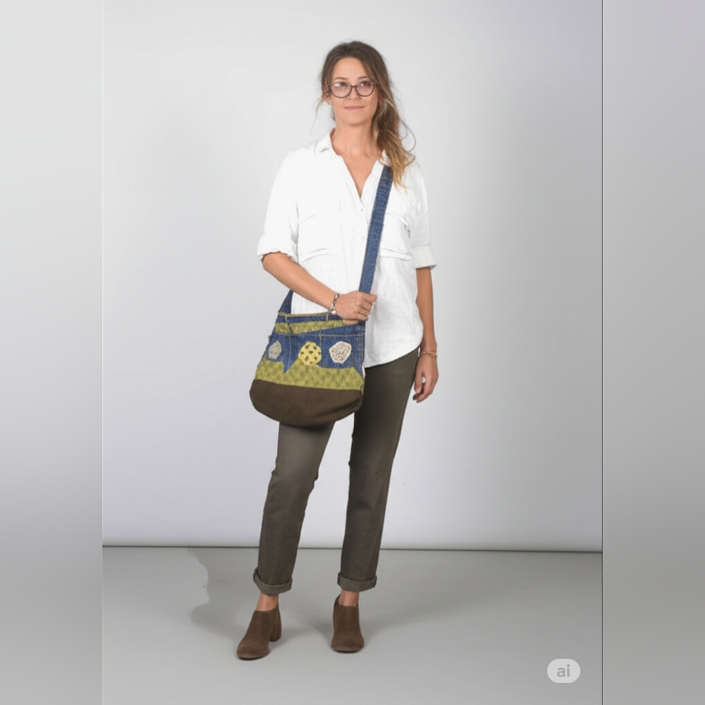 Upcycled Big Possible Bag Blue & Green Crochet Floral Blue Jeans Denim Bag